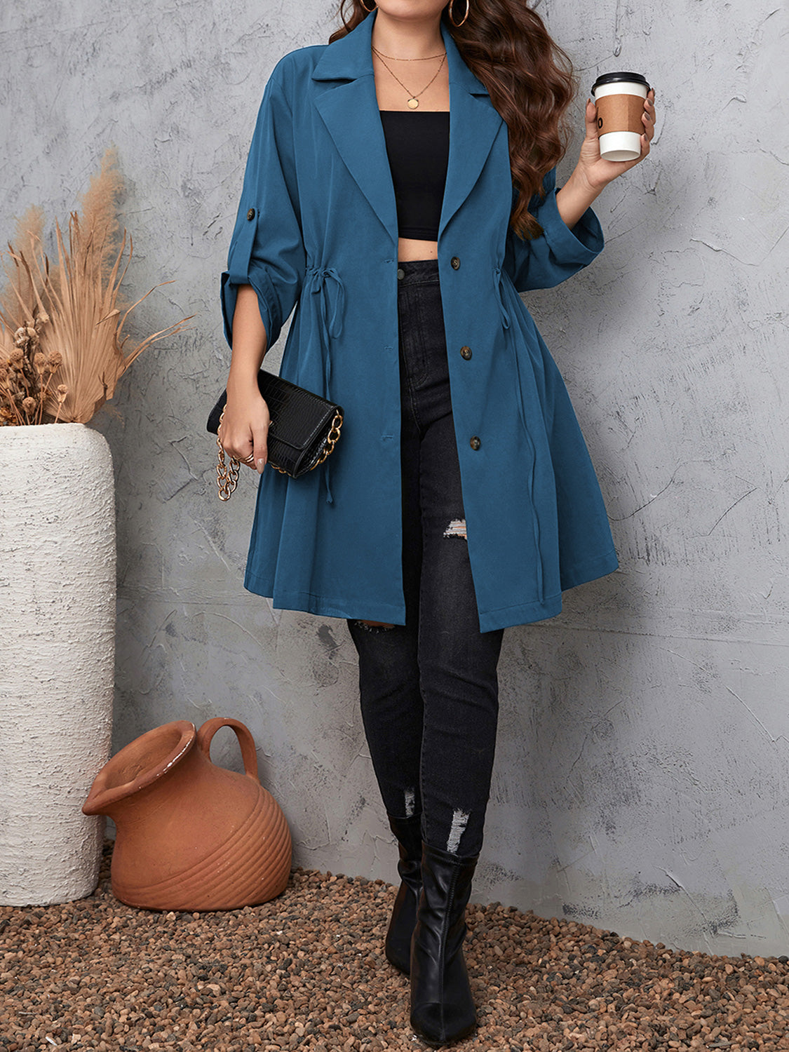 Plus Size Lapel Roll-Tab Trench Coat