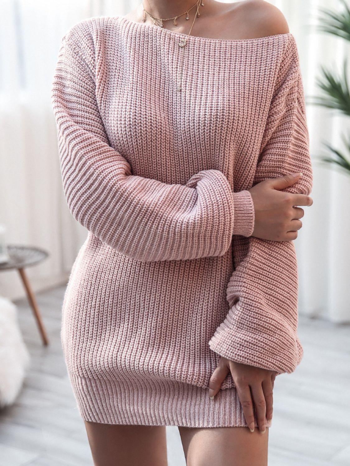 Balloon Boat Neck Sweater Dress