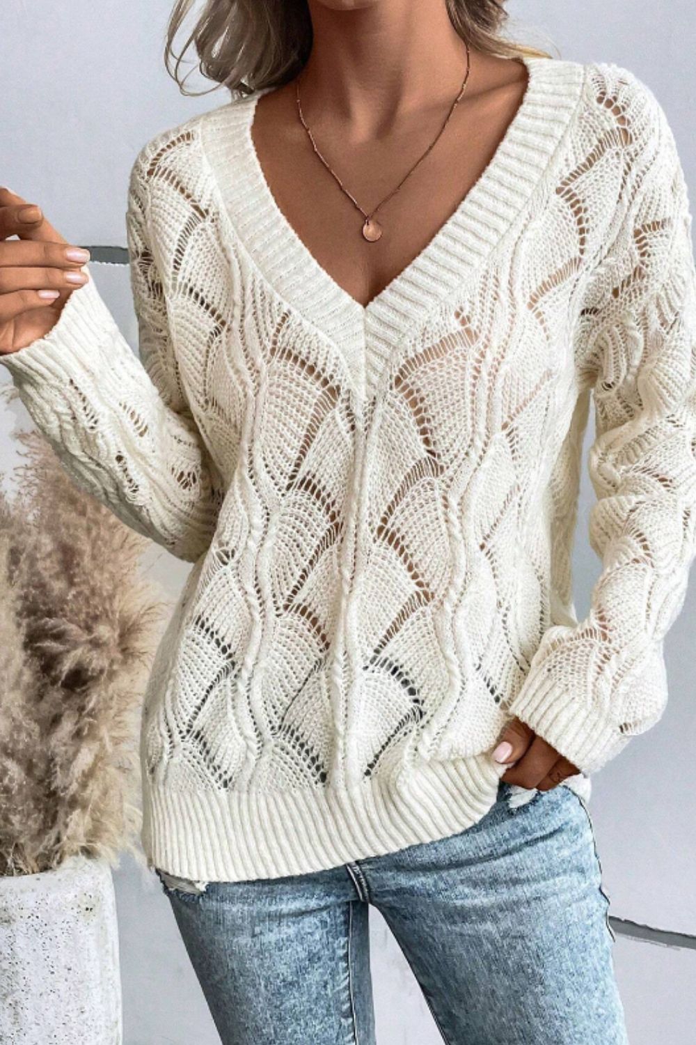 Openwork V-Neck Sweater