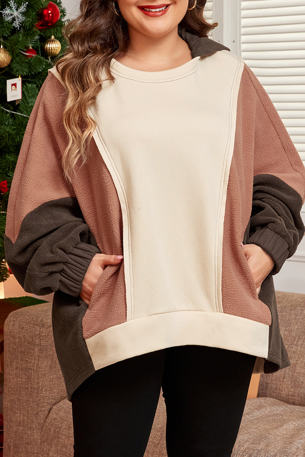 Plus Size Brown Colorblock Hoodie