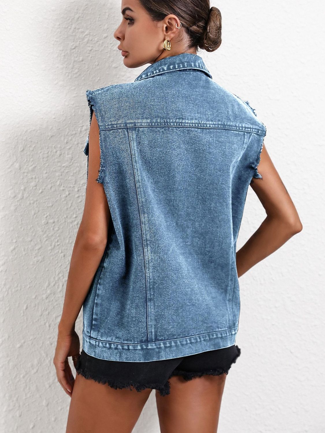 Collared Sleeveless Denim Jacket