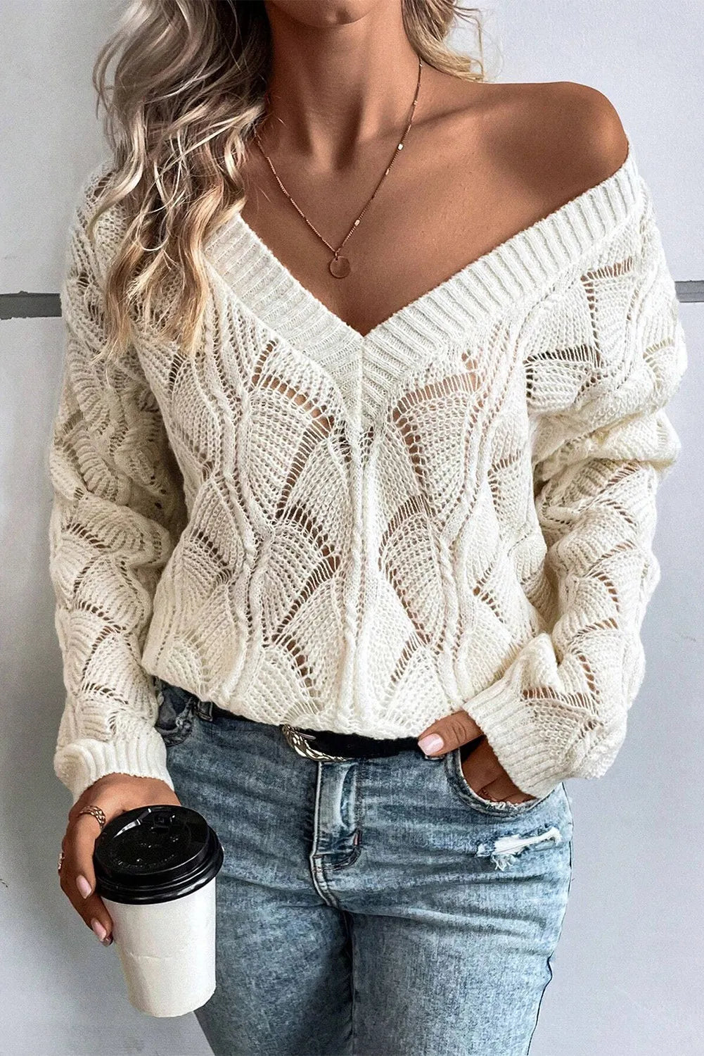 Openwork V-Neck Sweater