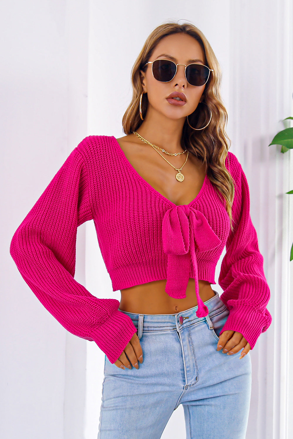 Bow V-Neck Cropped Sweater