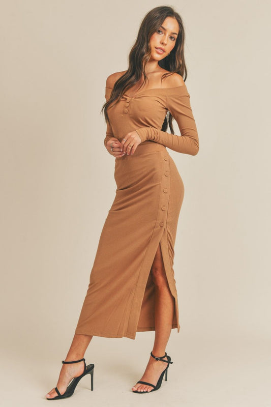 Button Crop Top & Slit Midi Skirt Set