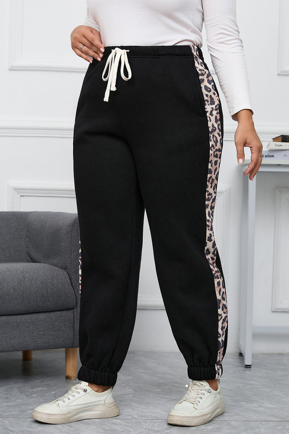 Plus Size Leopard Panel Joggers