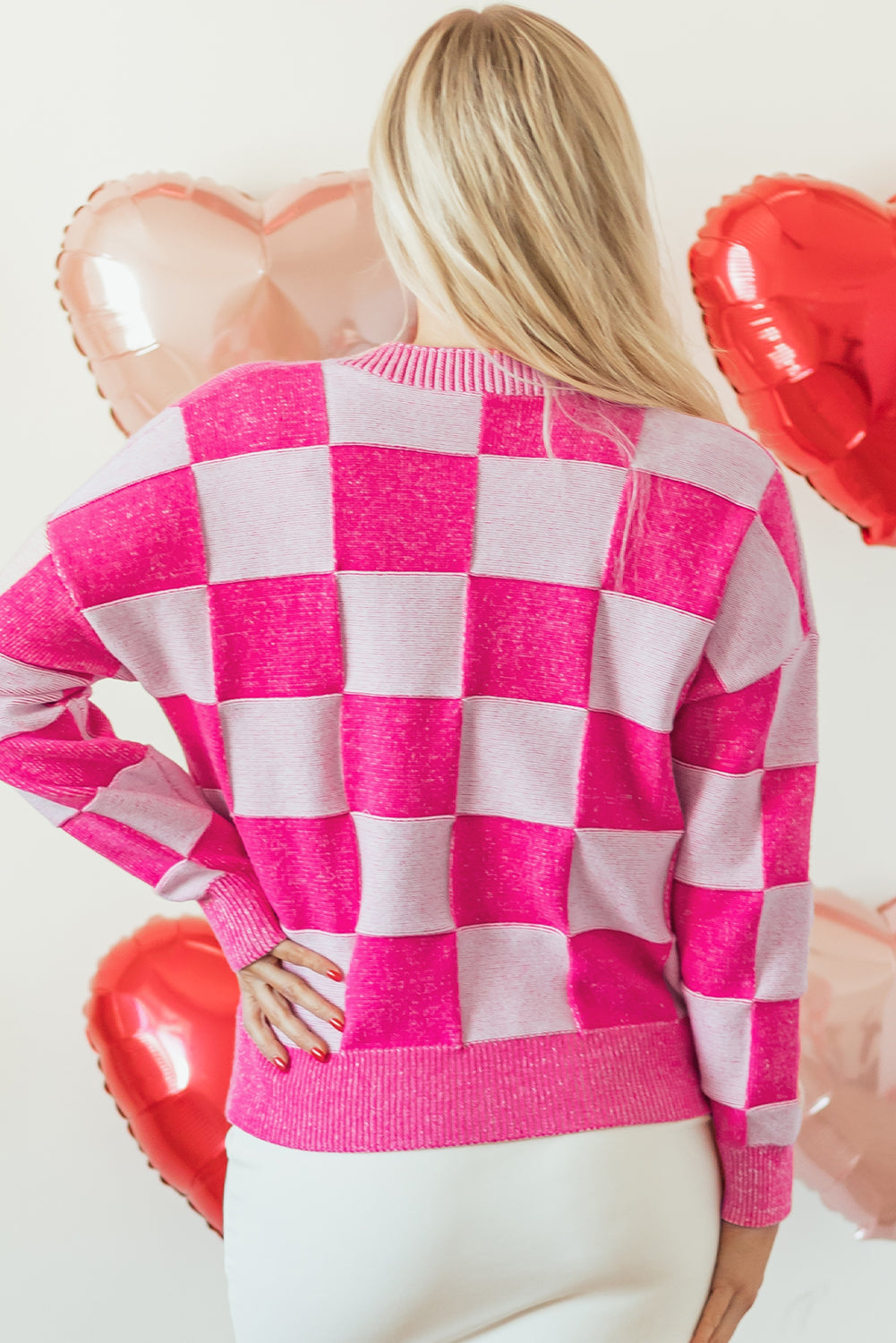 Pink Checkered Buttoned V-Neck Cardigan