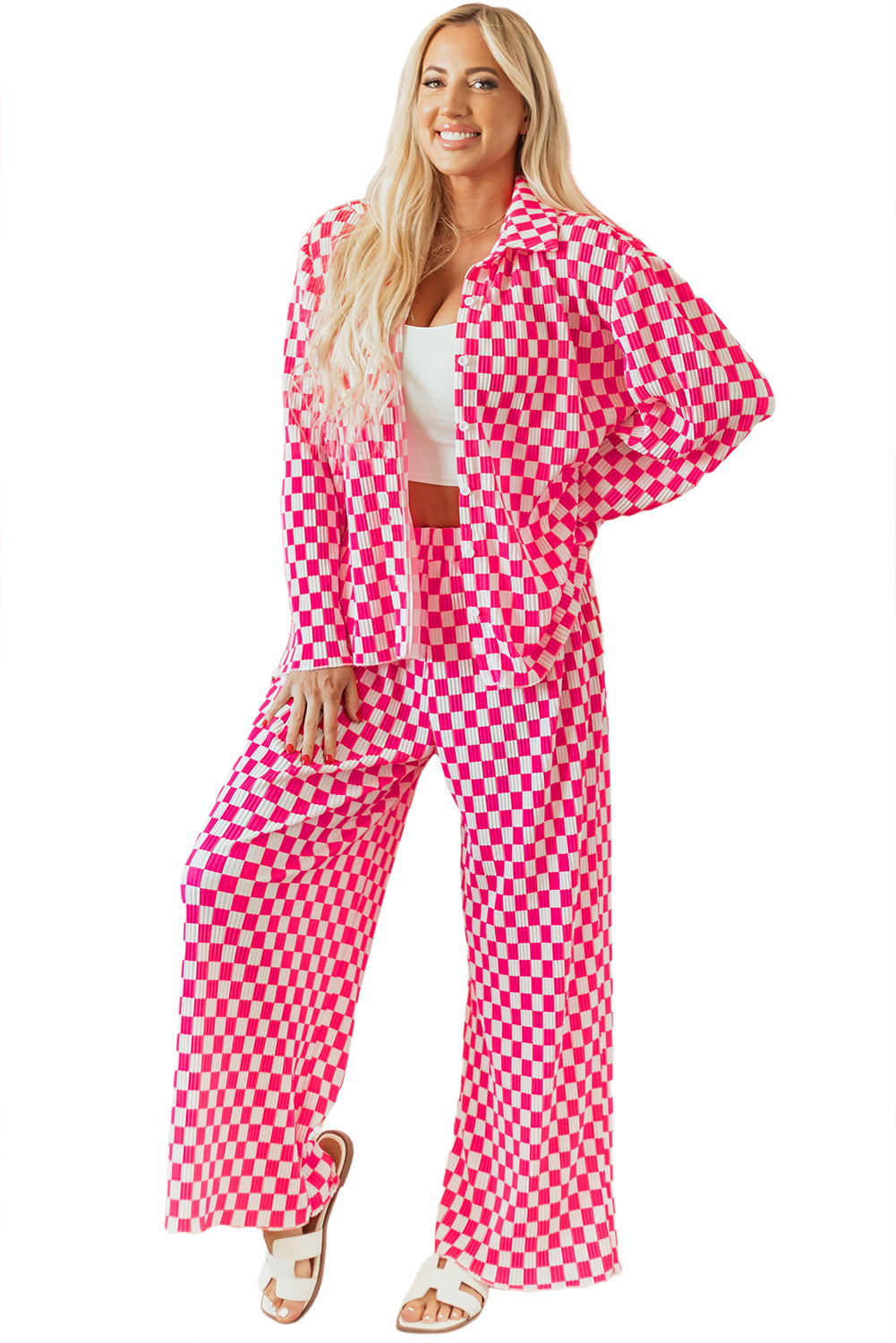 Pink Checkered Shirt & High Waist Pants Pajama Set