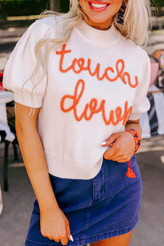 White Touchdown Tinsel Puff Sleeve Sweater