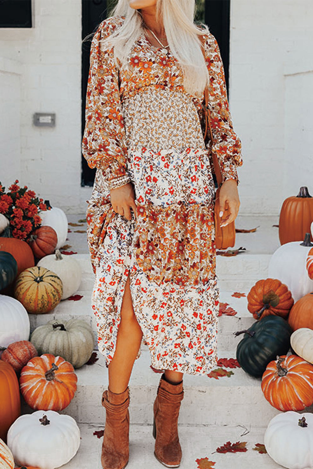 Floral Ruffled Tiered Long Sleeve Midi Dress