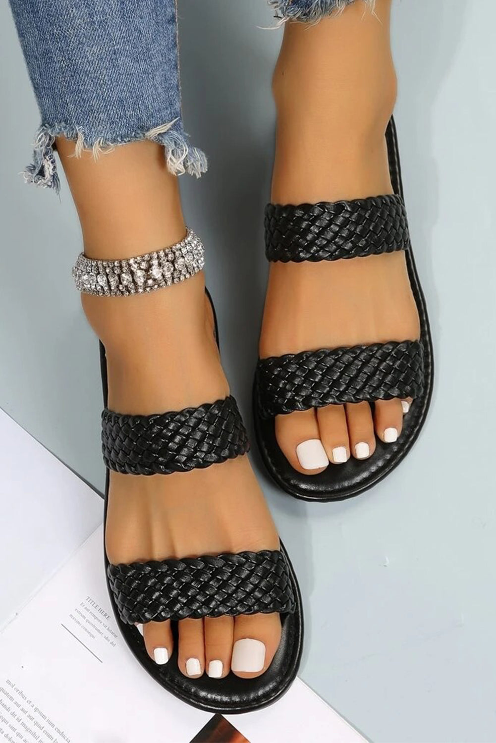 Black Braided Leather Flat Sandals