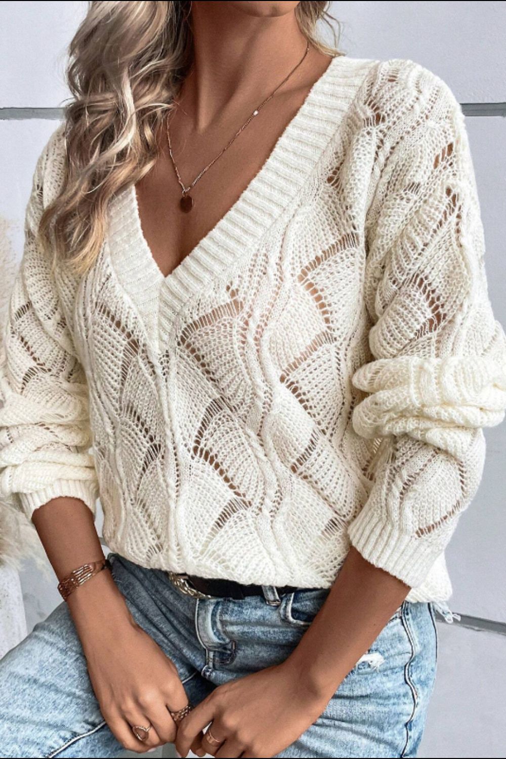 Openwork V-Neck Sweater