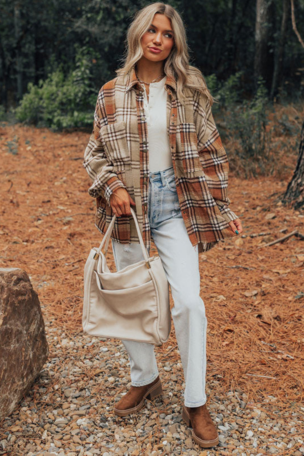 Khaki Plaid High Low Shacket