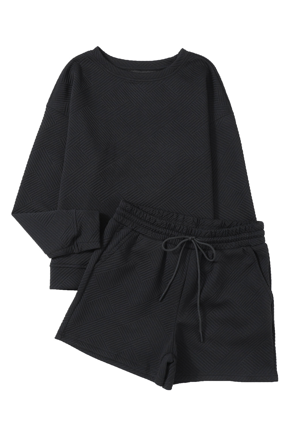 Textured Long Sleeve Top & Drawstring Shorts Set