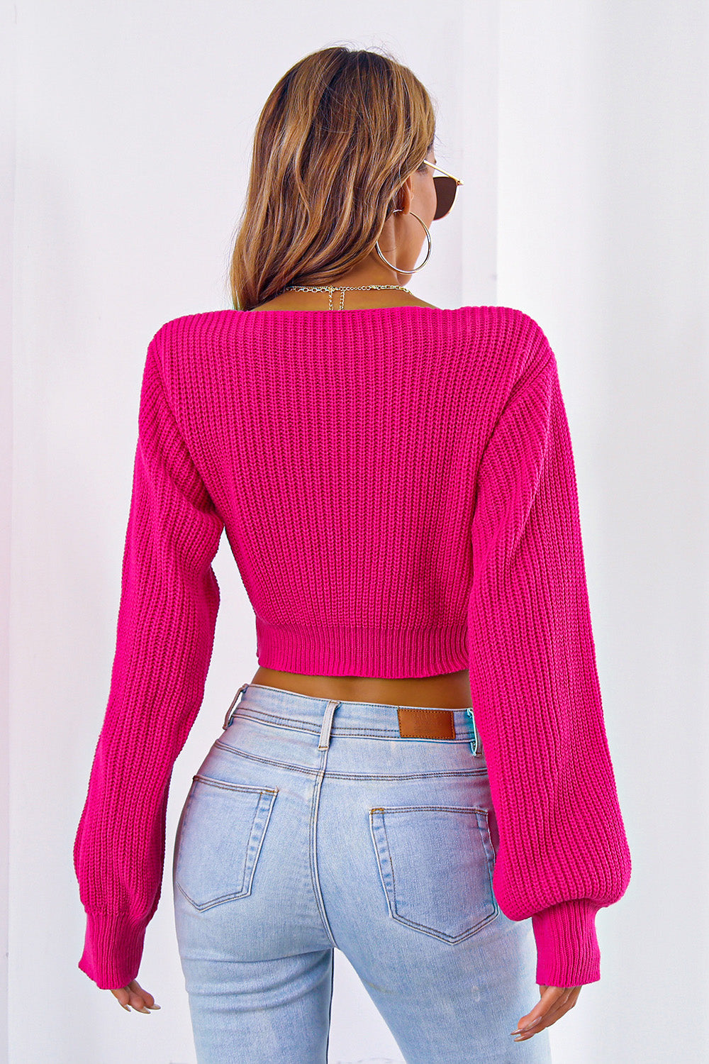 Bow V-Neck Cropped Sweater