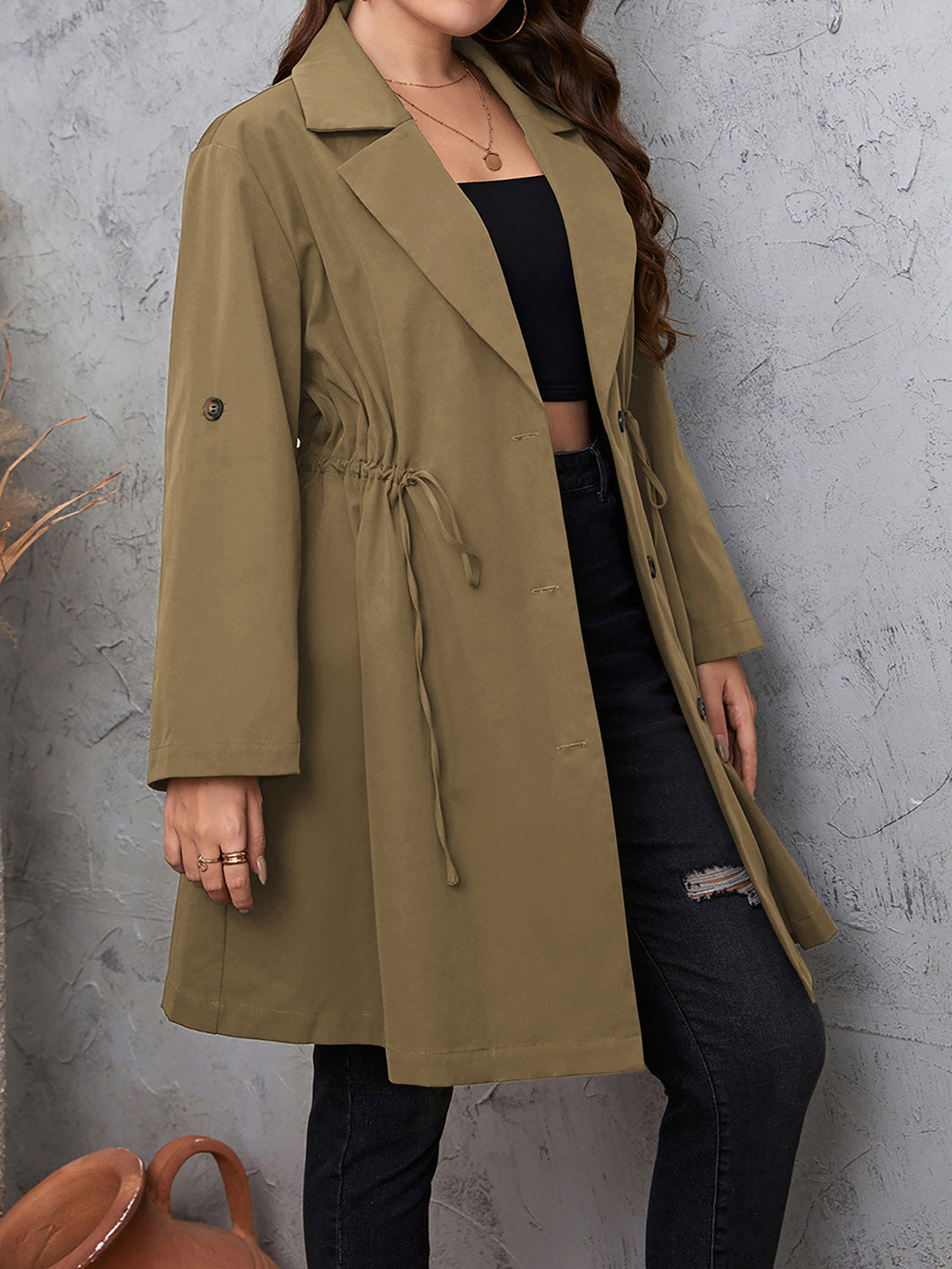 Plus Size Lapel Roll-Tab Trench Coat