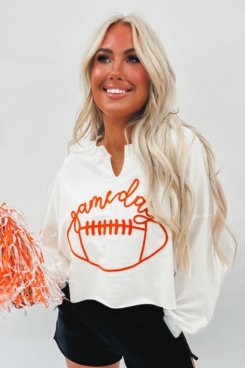 White Game Day Football Notched Crewneck