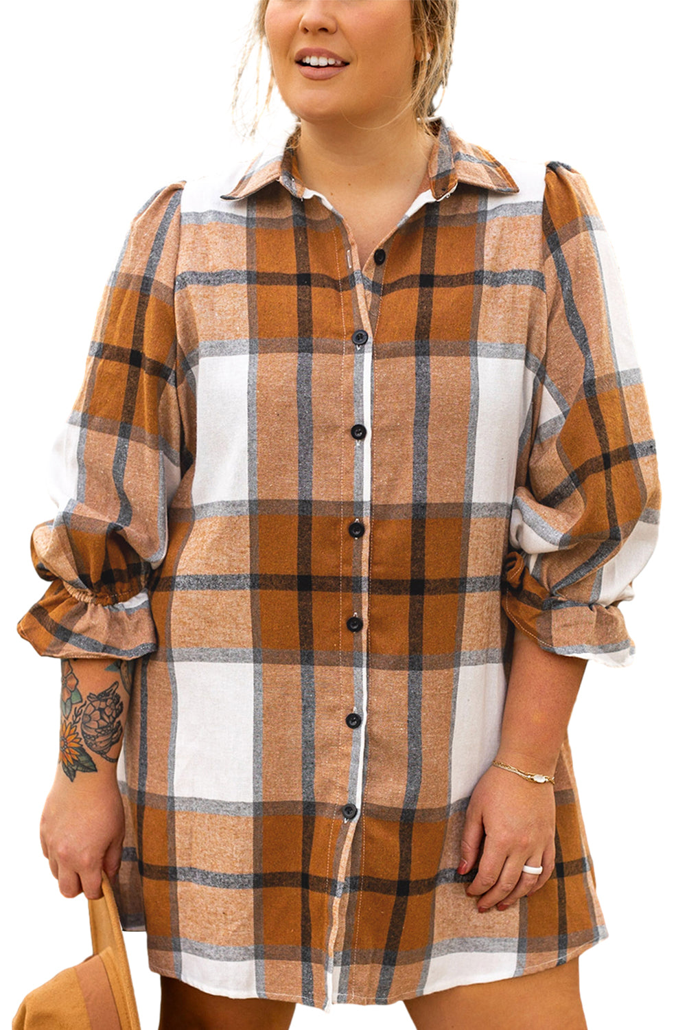 Plus Size Khaki Plaid Sleeve Shirt Dress