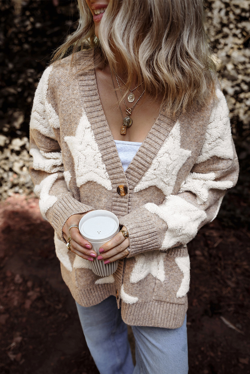 Khaki Sherpa Star Textured Sweater Cardigan