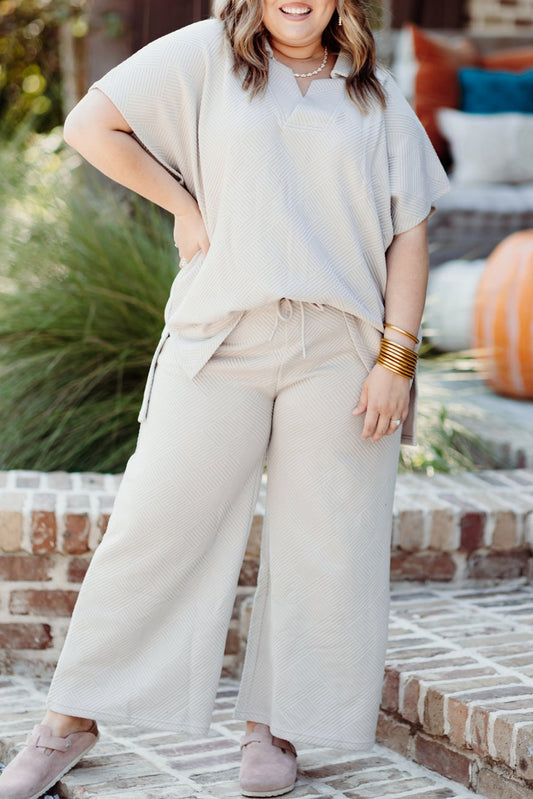 Plus Size Textured Collared Top & Pants Set