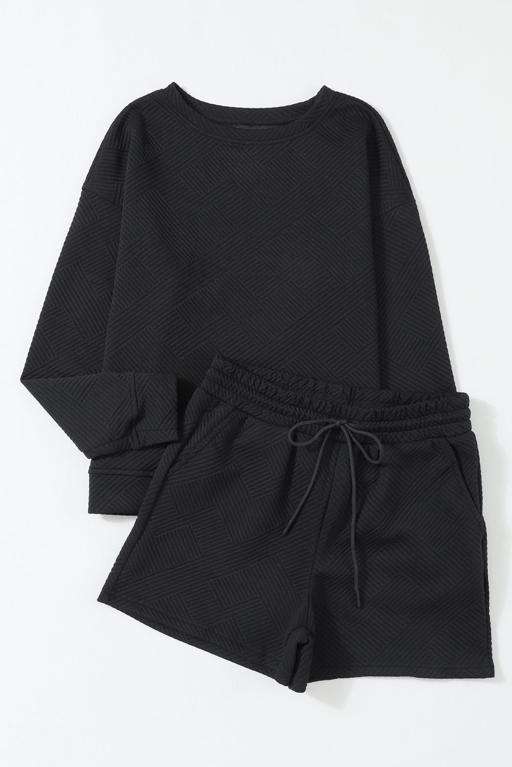 Textured Long Sleeve Top & Drawstring Shorts Set