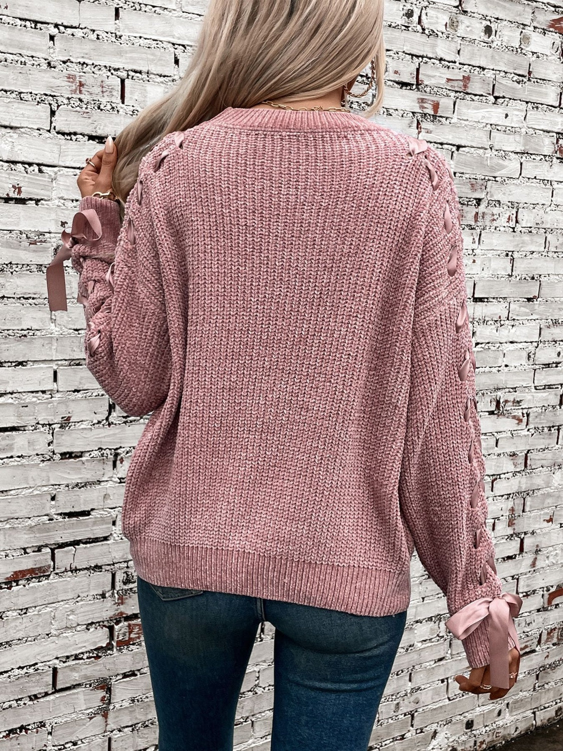 Lace-Up Round Neck Sweater