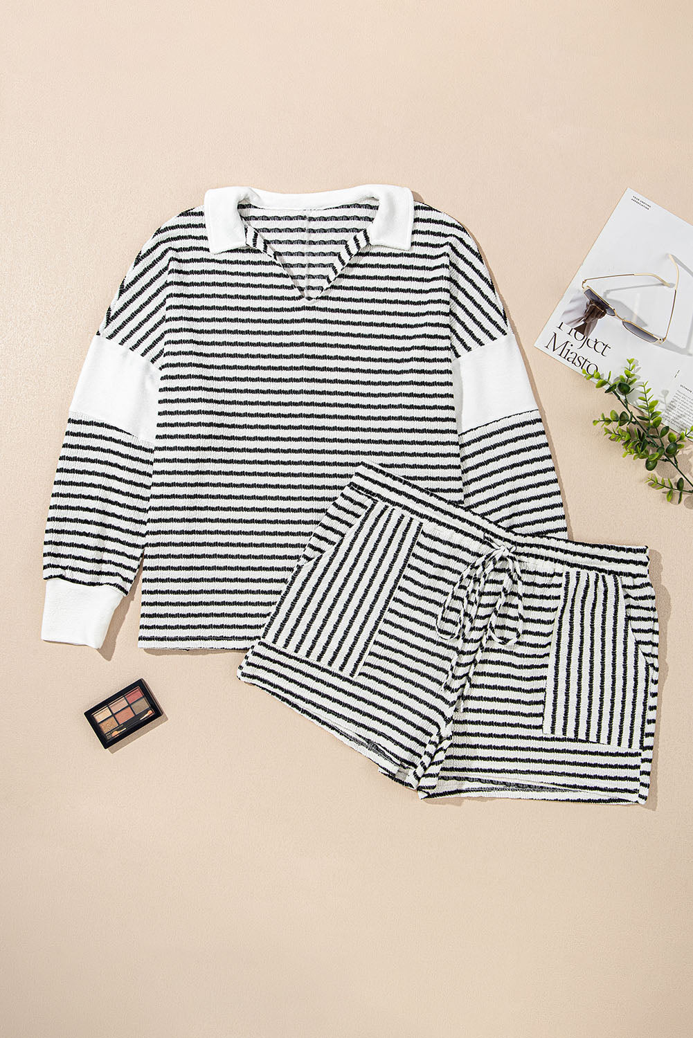 Plus Size Stripe Long Sleeve Top & Shorts Set