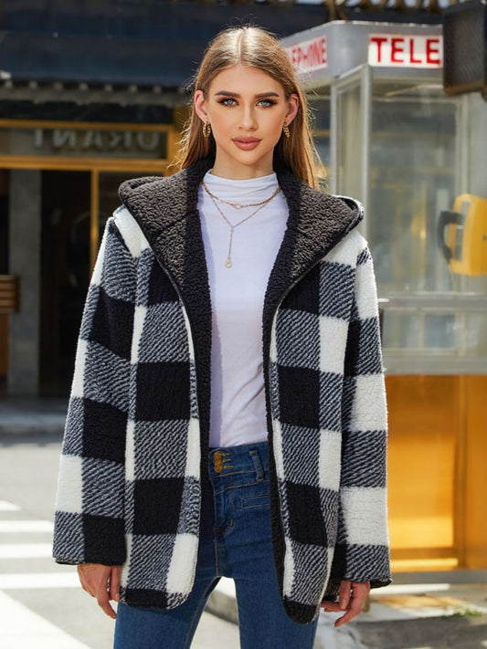 Reversible Plaid & Black Hooded Coat