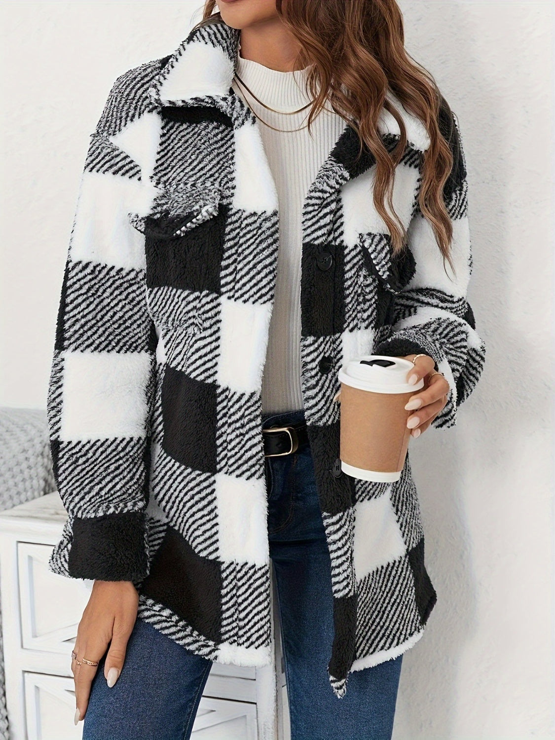 Plaid Button-Up Fuzzy Jacket