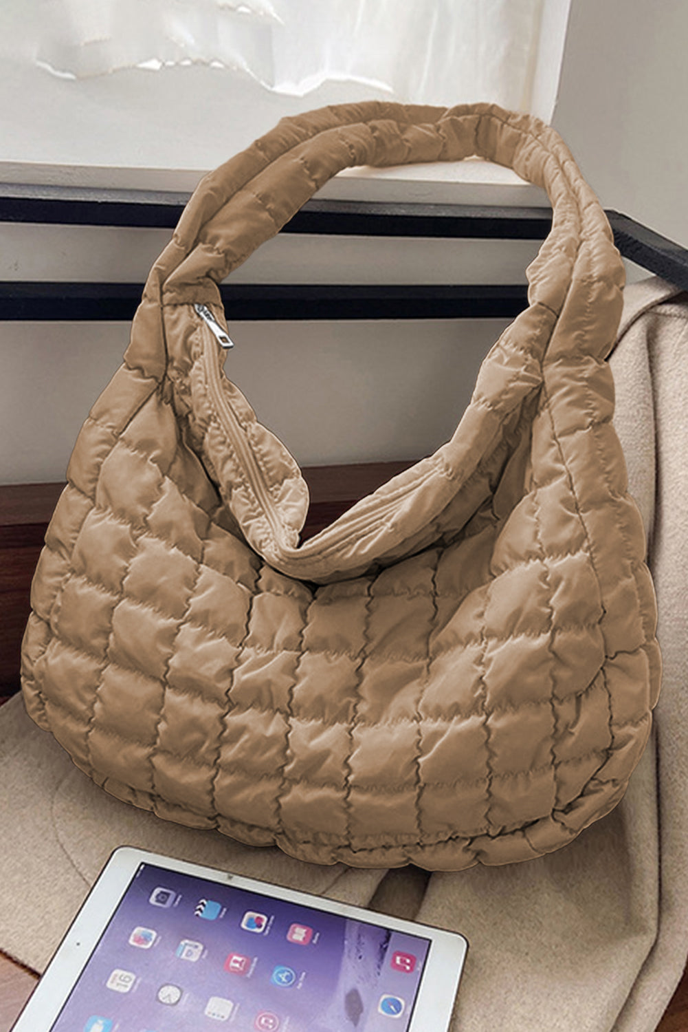 Beige Quilted Zipper Shoulder Bag