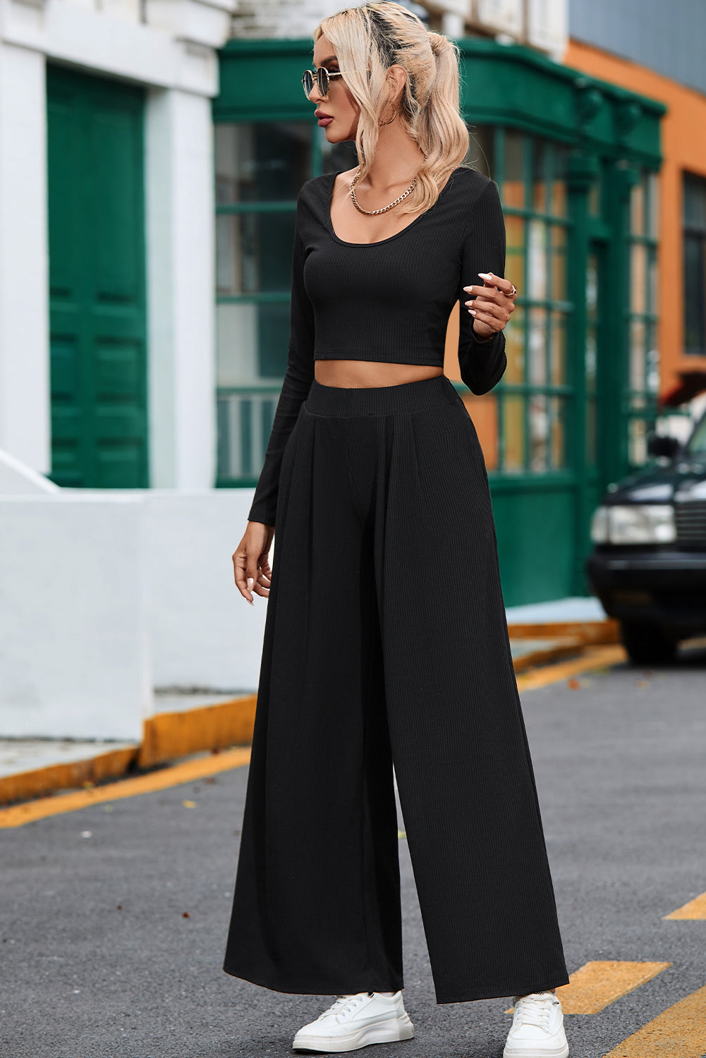 Ribbed Crop Top & Flowy Pants Set