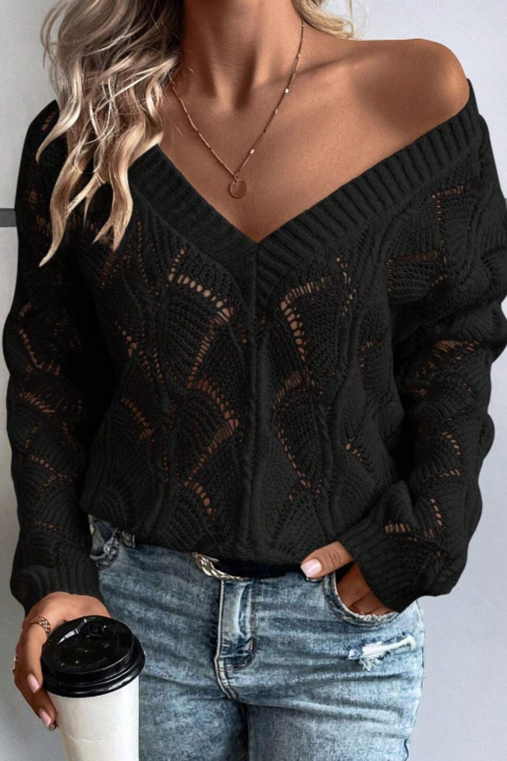 Openwork V-Neck Sweater