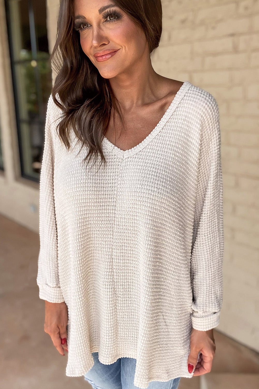 Waffle Knit Slits Loose Fit Top