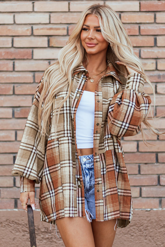 Khaki Plaid High Low Shacket