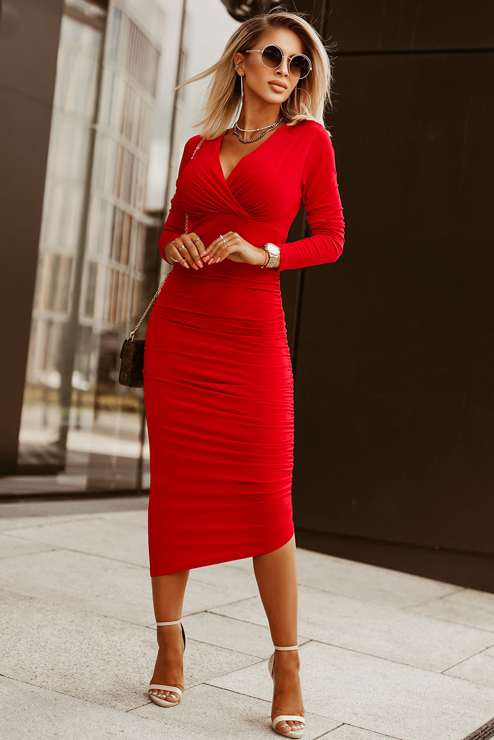 Long Sleeve Wrap Ruched Bodycon Dress