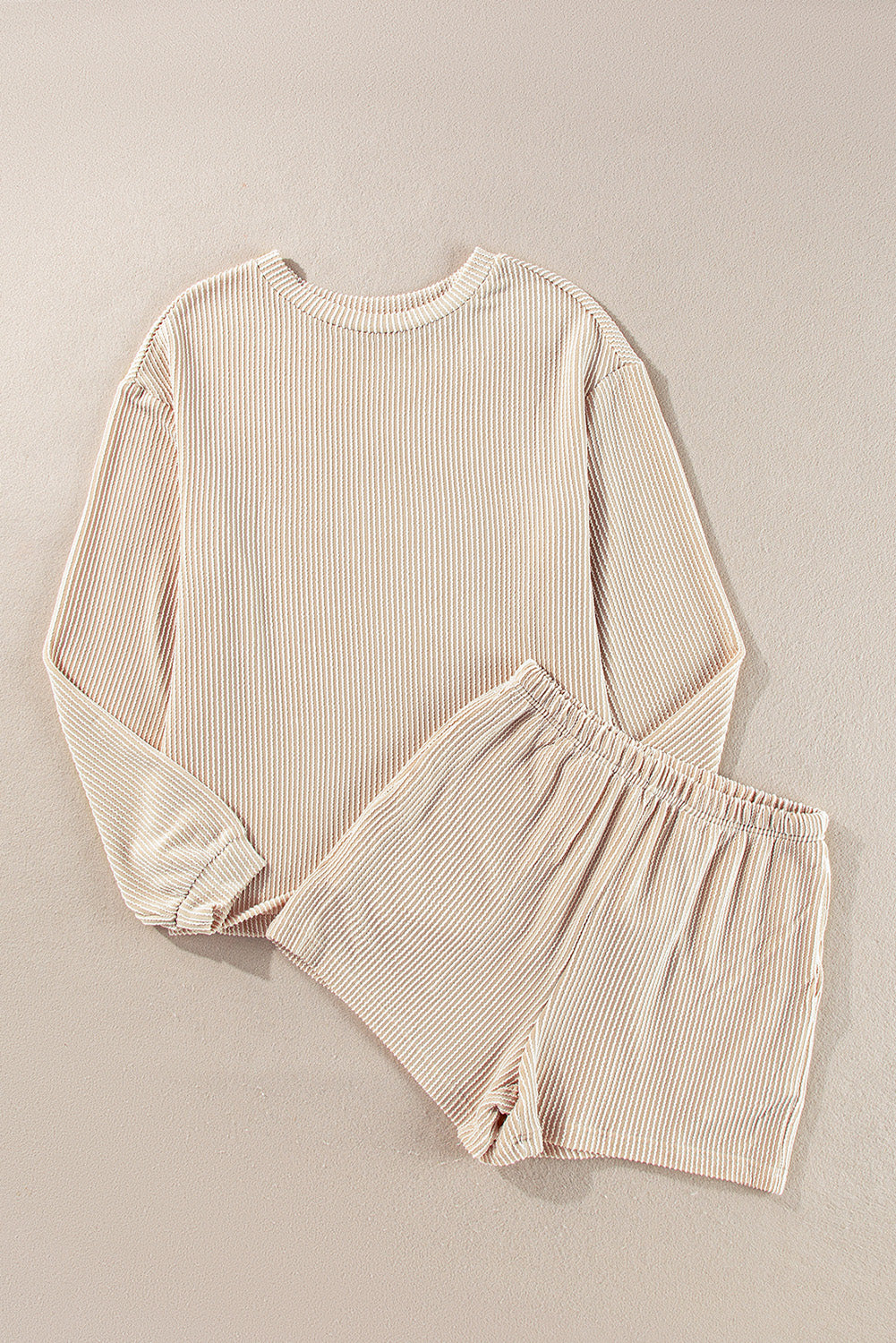 Neutral Knit Long Sleeve Top & High Waist Shorts Set