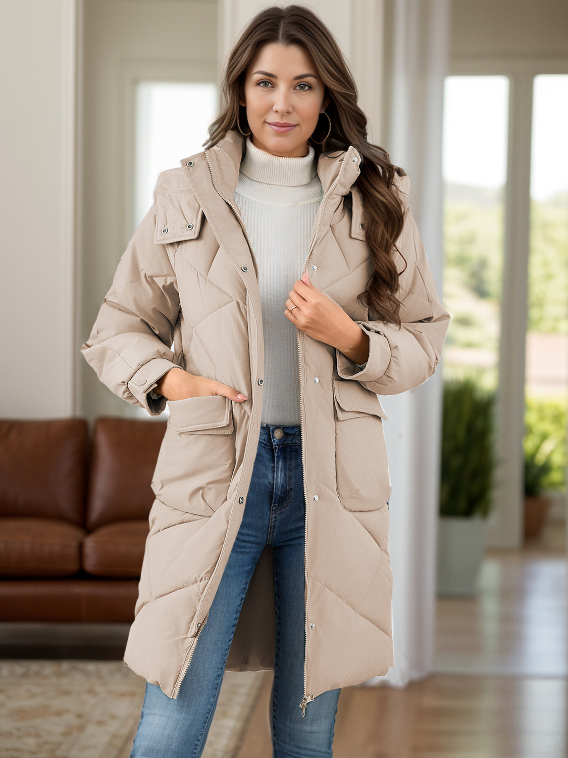 Longline Hooded Winter Coat with Pockets