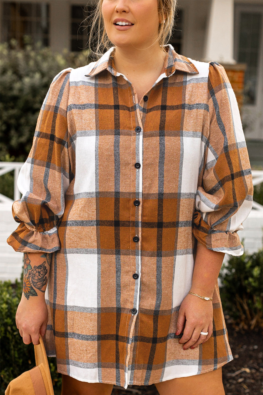 Plus Size Khaki Plaid Sleeve Shirt Dress