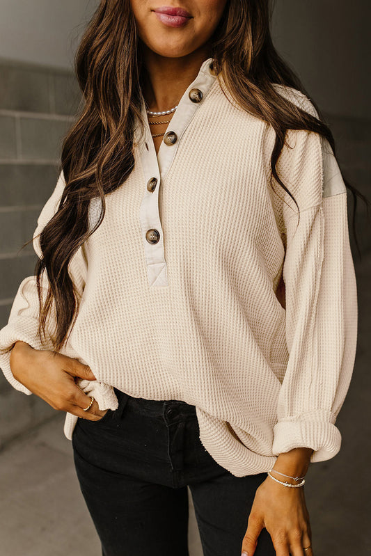 Waffle Long Sleeve Half Button Loose Top