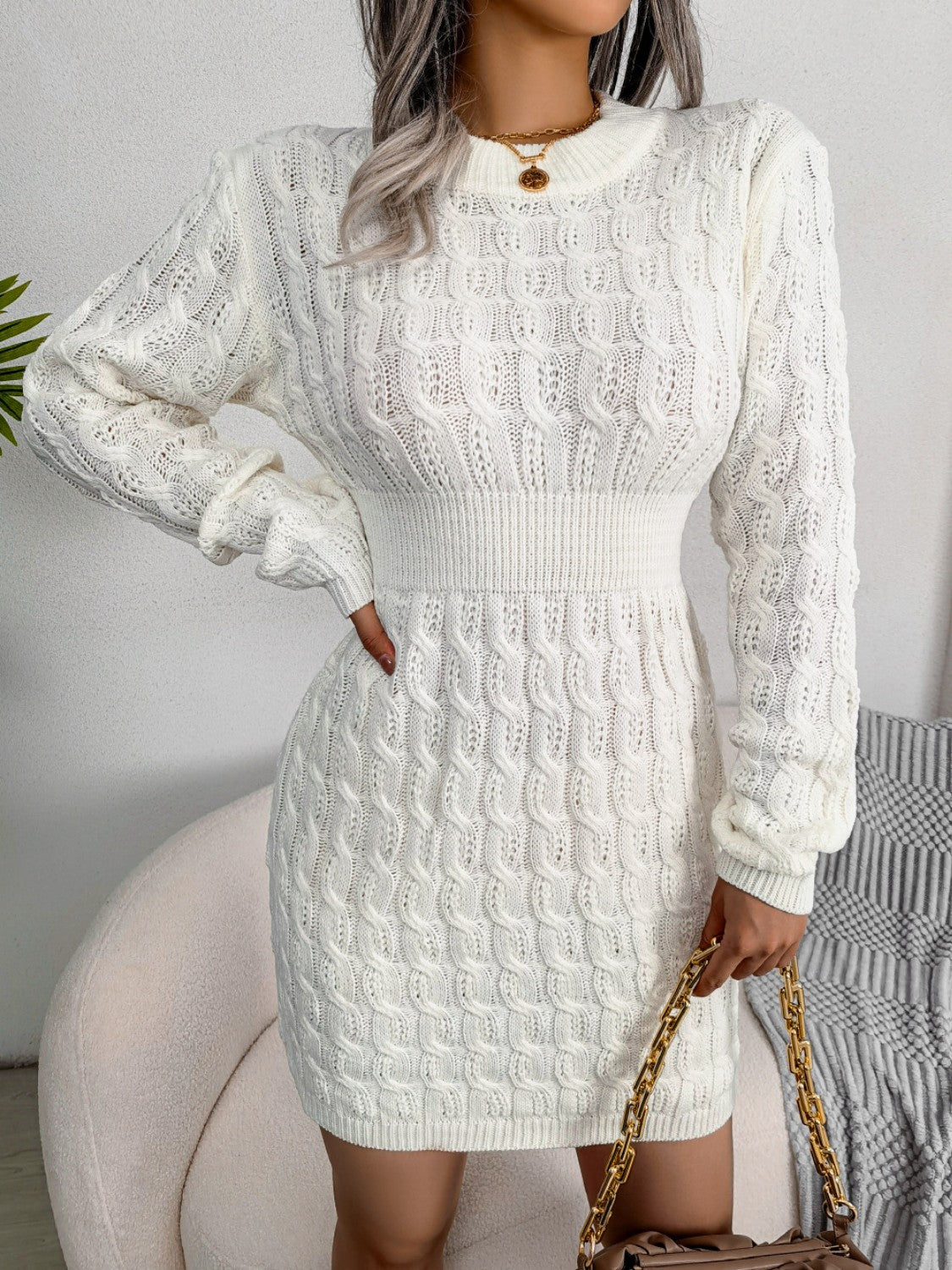 Cable-Knit Mini Wrap Sweater Dress