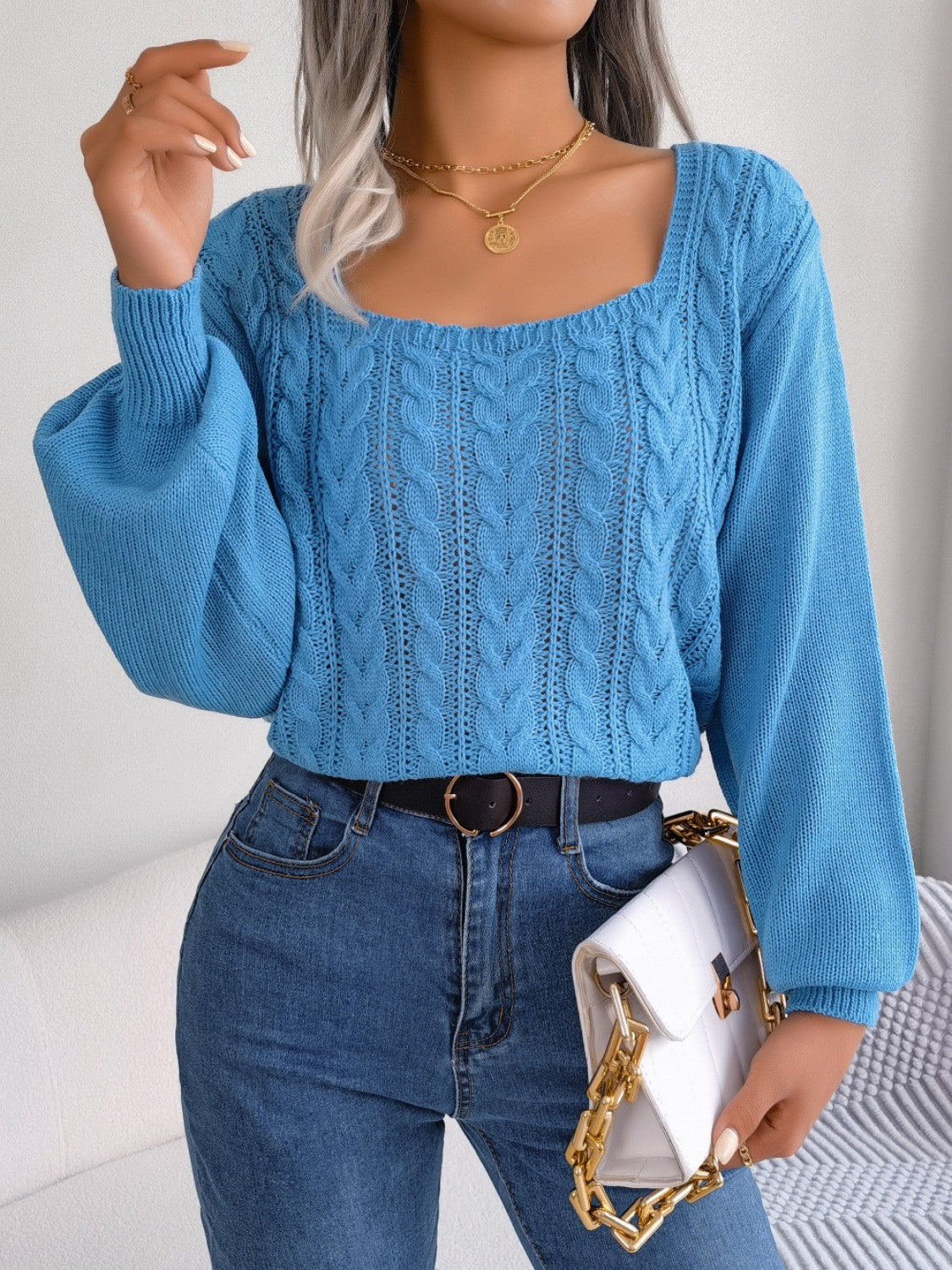 Cable-Knit Square Neck Sweater