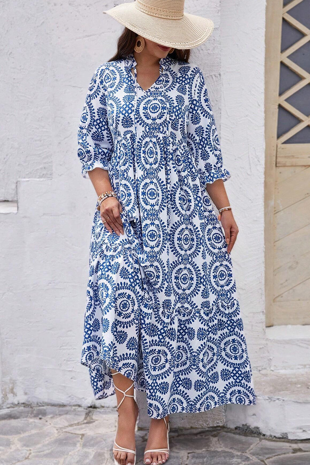 Plus Size Geometric Lace-up Maxi Dress