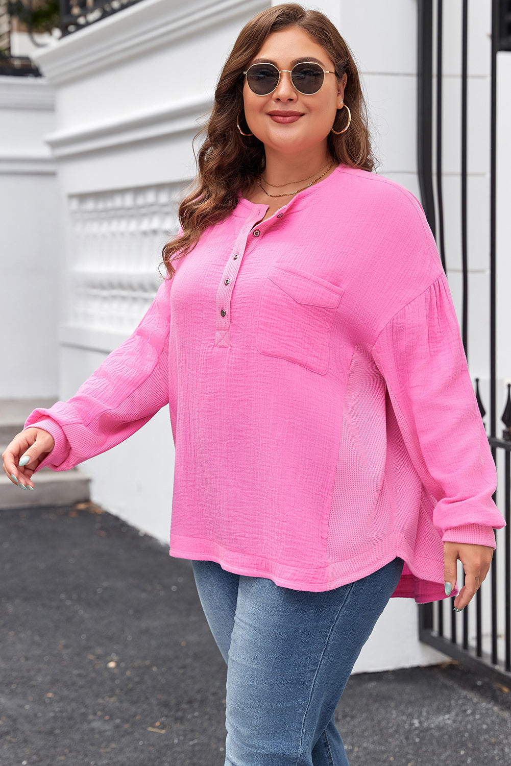 Plus Size Half Button Drop Sleeve Top