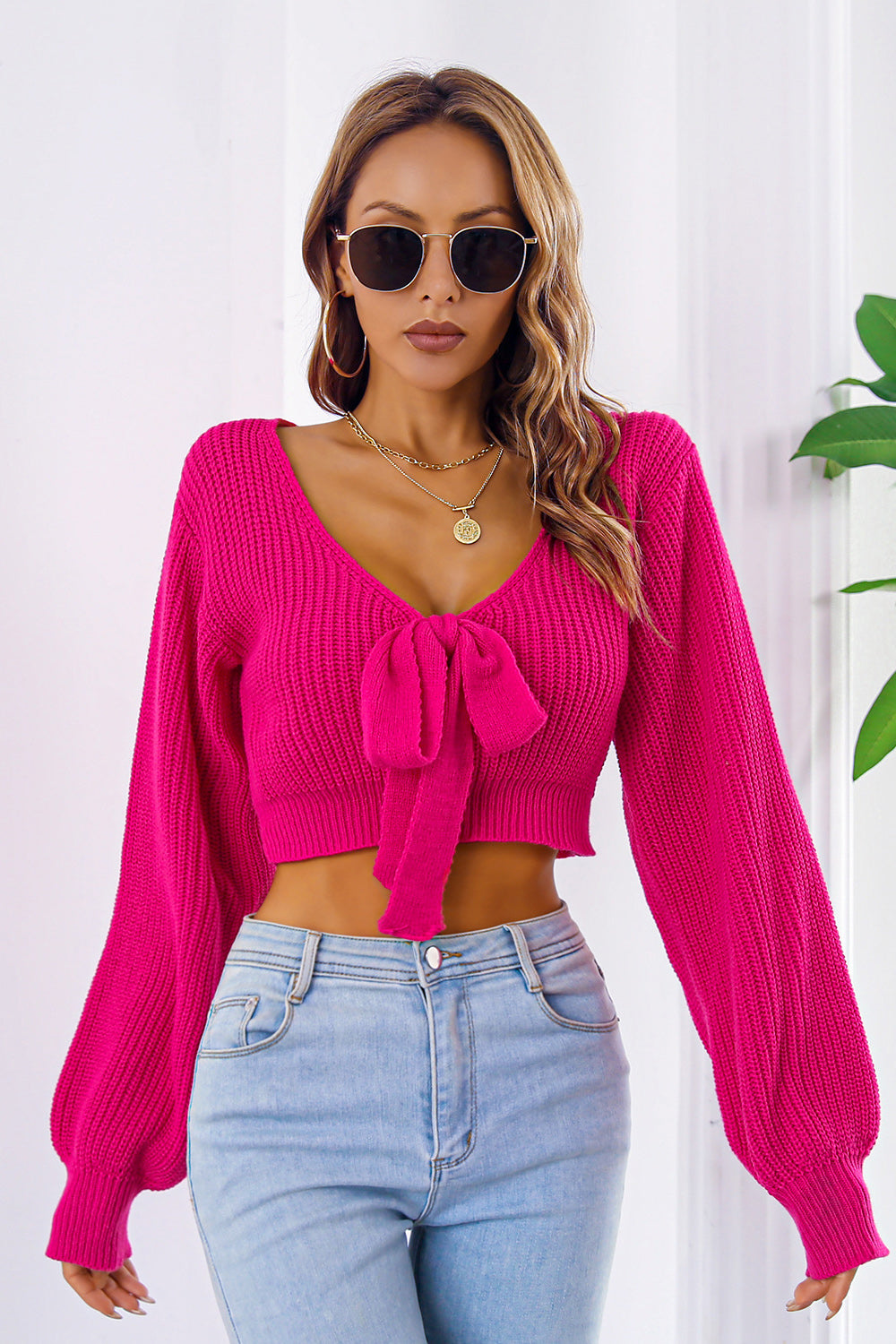 Bow V-Neck Cropped Sweater