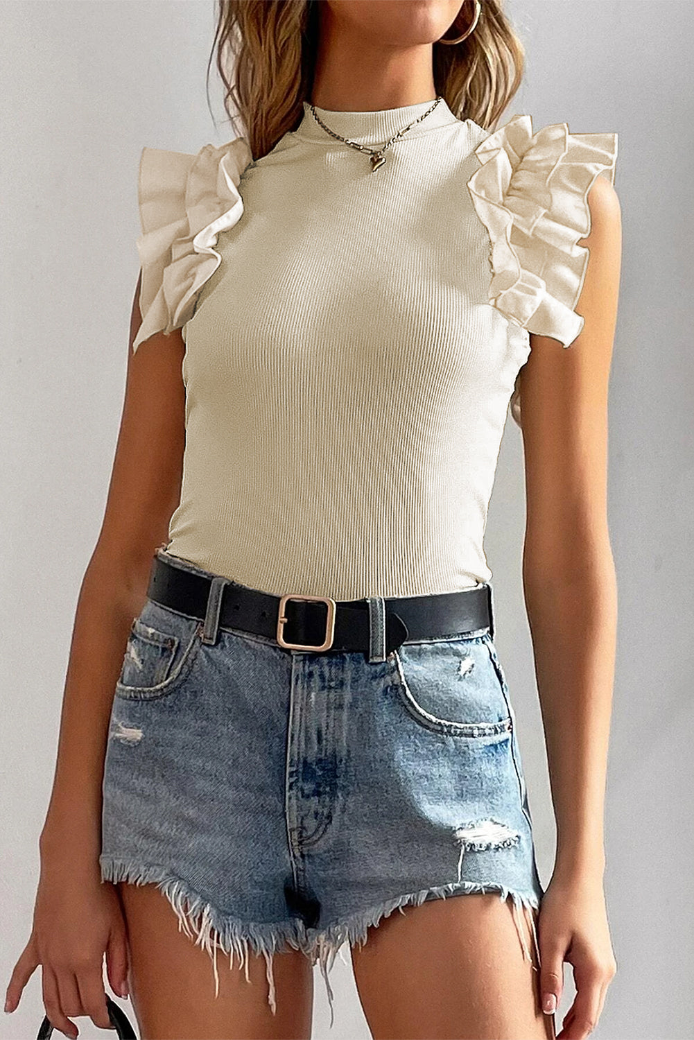 Flutter High Neck Ribbed Blouse