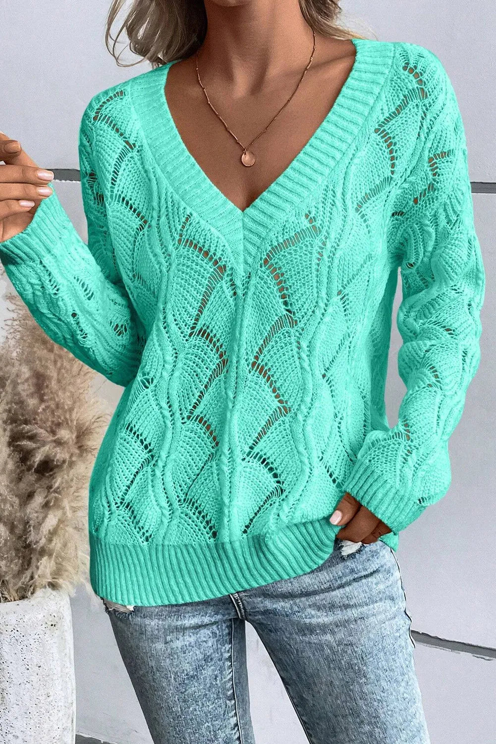 Openwork V-Neck Sweater