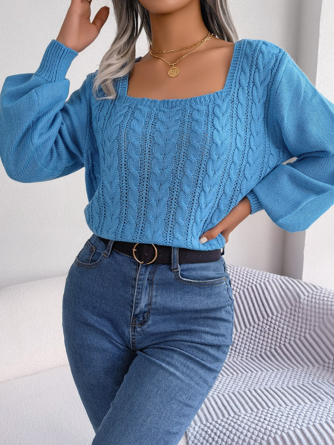 Cable-Knit Square Neck Sweater