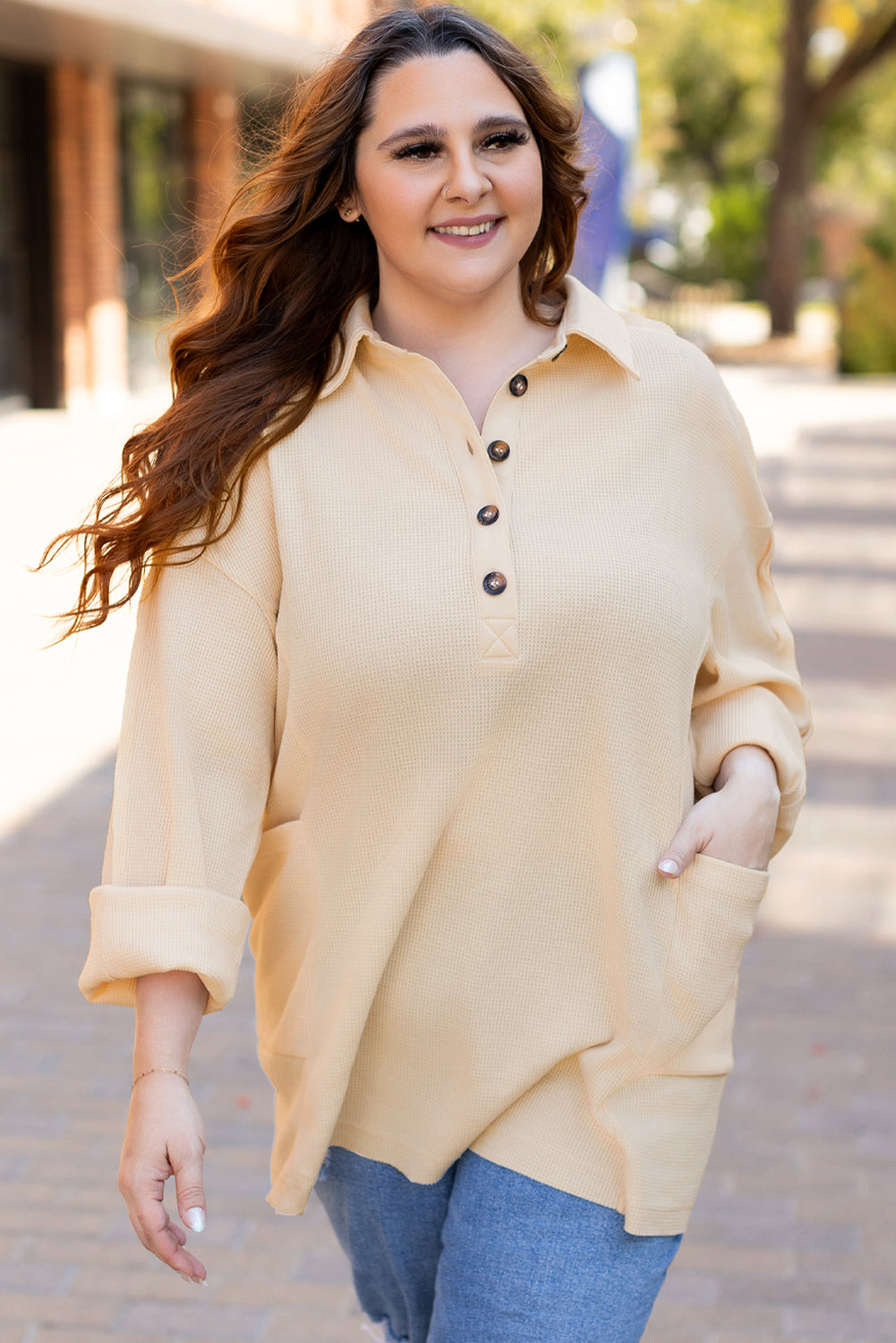 Plus Size Thermal Waffle Knit Henley Top