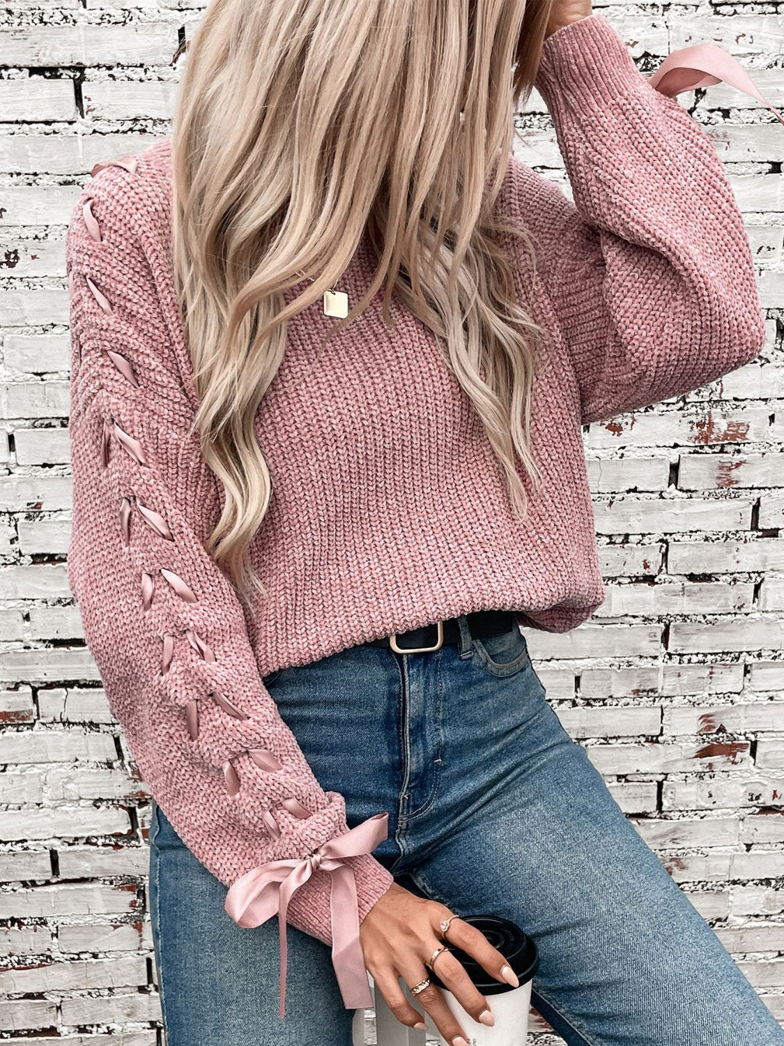 Lace-Up Round Neck Sweater