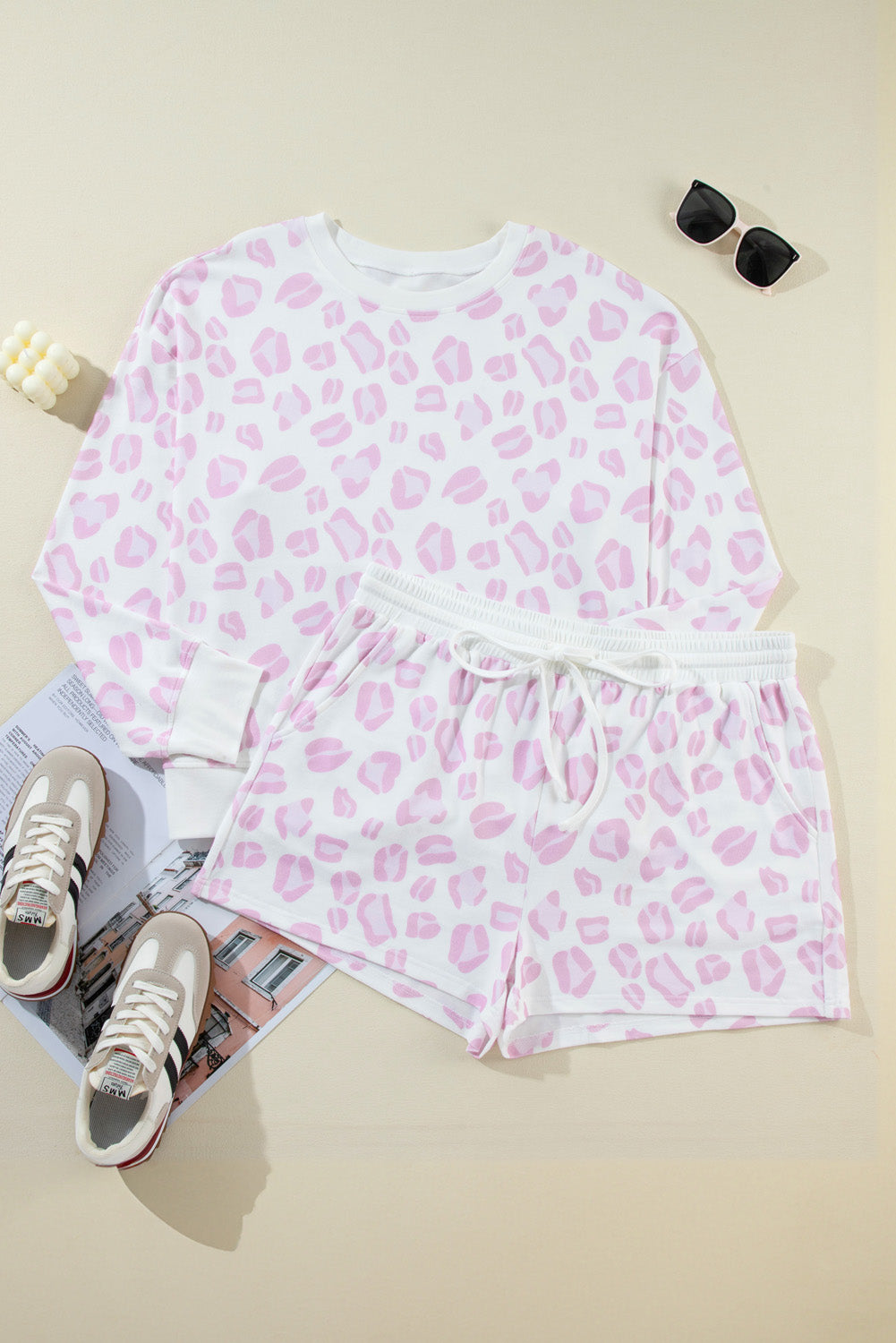 Plus Size Pink Leopard Long Sleeve Top & Shorts Set