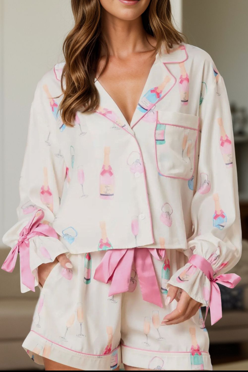 Feminine Bow Top & Shorts Pajama Set